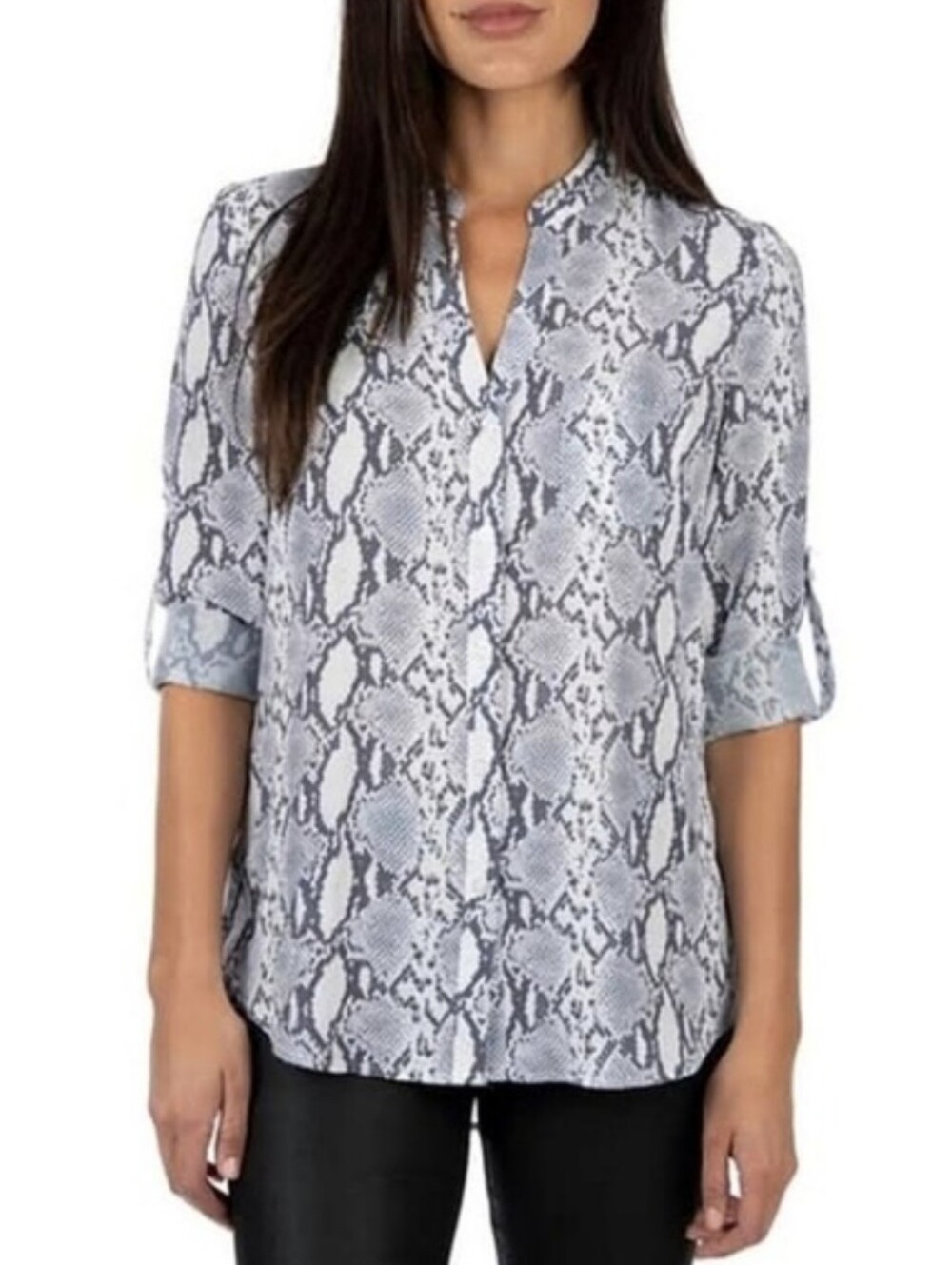 Kut from the Kloth Gray Snake Print Button-Front Roll-Tab Sleeve Top Size Small